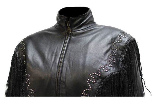 A "Lady Morgan" women's black silver studded fringe jacket with beading.