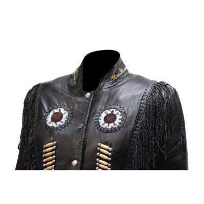 A women's Black leather Native Beads, fringe Womens Western Jacket with fringes and beading.