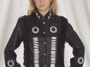 Black leather Native Beads fringe Womens Western Jacket