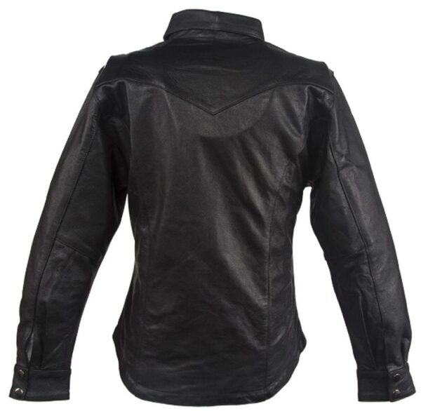 The back view of a Woman's Snap Black Leather Western Shirt.