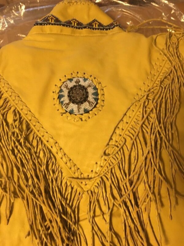 A yellow Womens Natural Leather Native Beaded Fringe Jacket w/ lining.