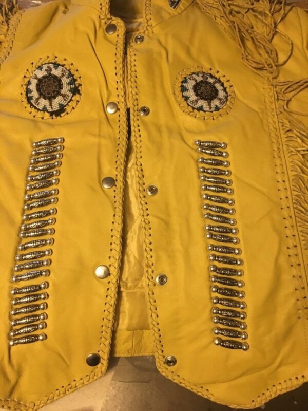 A yellow Women's Natural Leather Native Beaded Fringe Jacket with lining.