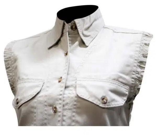 A women's sleeveless Tan Denim tie front Daisy Duke shirt on a mannequin.