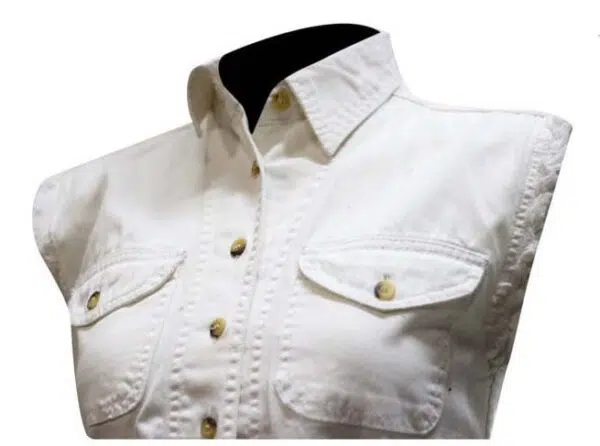 A Women's sleeveless White tie front Daisy Duke shirt on a mannequin.