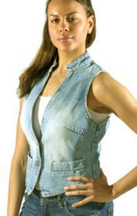A woman in a Womens stone wash Denim western vest posing for a photo.
