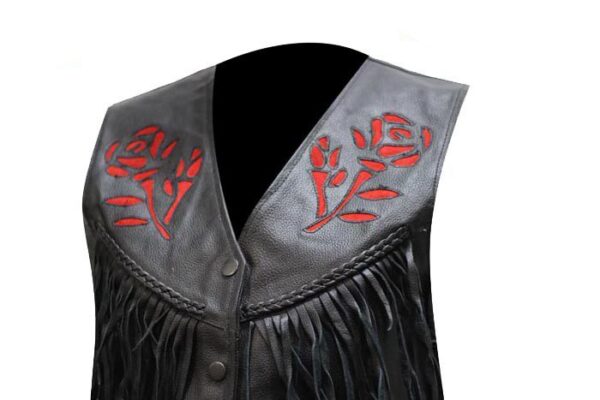A women's red rose inlay leather fringe western vest.