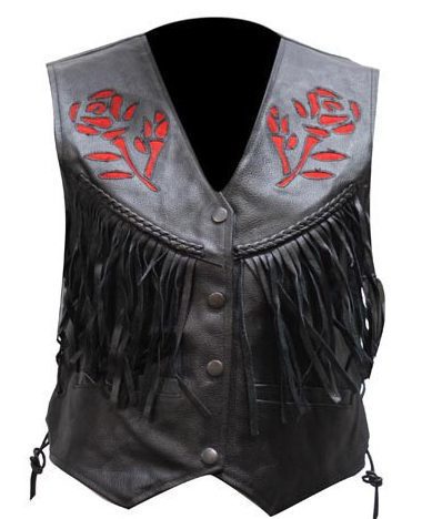 A black leather Womens RED Rose inlay leather fringe western vest with red embroidery and fringes.