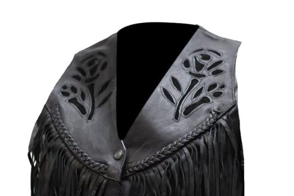 A women's BLACK Rose inlay leather fringe western vest with fringes.