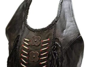 Brown leather bone and fringe halter top Product Image