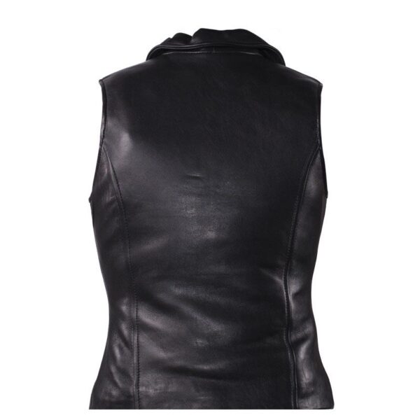 The back view of a Women's Classic Black Leather Collar Vest.