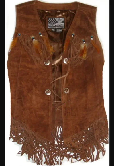 Indian style feathered brown suede fringe vest •