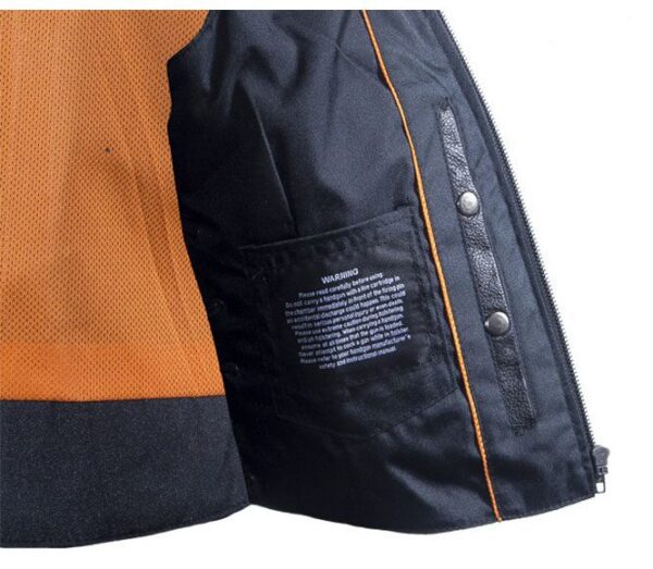 A black and orange Womens Brown Reflective Piped Black Gun Pocket Vest with a zippered pocket.