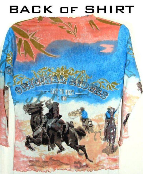 An "Original riders" Women's Rhinestone western shirt USA made with an image of a cowboy riding a horse.