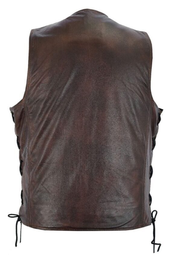 The back view of a Mens Gun Pocket Brown Leather Concealed Carry Western Snap Vest.