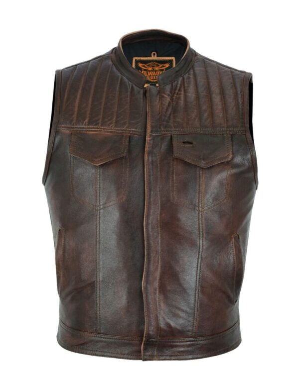 Mens Puff Chest Gun Pocket Distressed Brown Leather Vest.