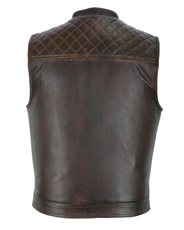 The back view of aMen's Puff Chest Gun Pocket Distressed Brown Leather Vest.