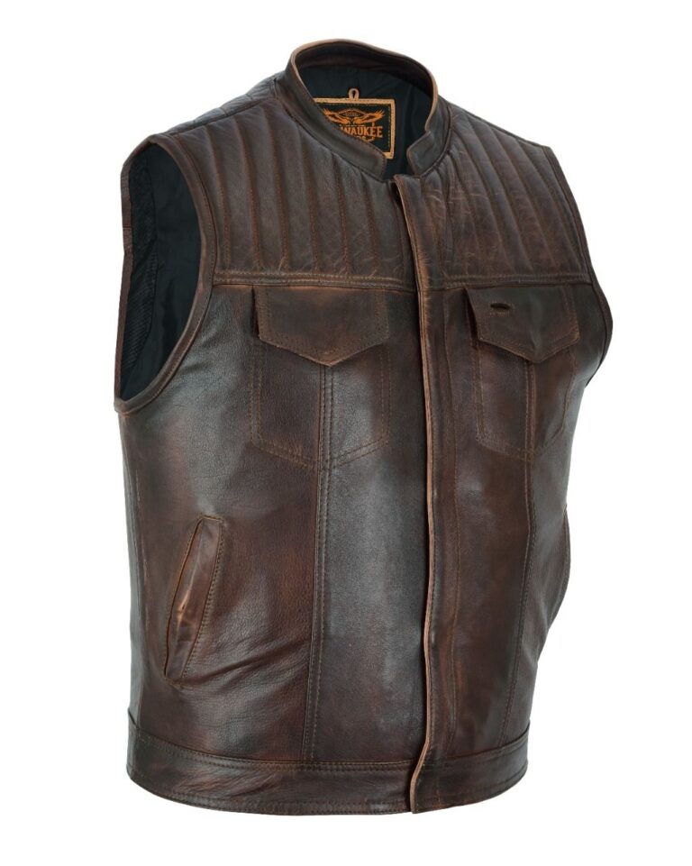 Mens Puff Chest Gun Pocket Distressed Brown Leather Vest