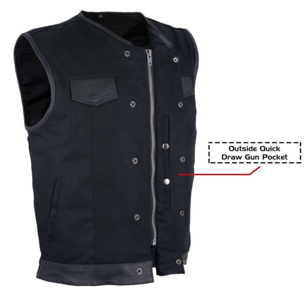 A Milwaukee Riders Mens Black Denim Leather Trim CCW Vest with zippered pockets.