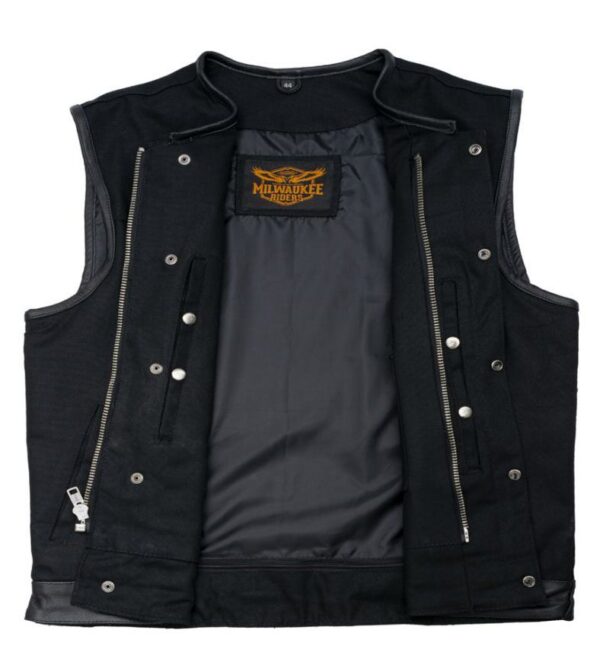 A Milwaukee Riders Mens Black Denim Leather Trim CCW Vest with zippers and zippers.