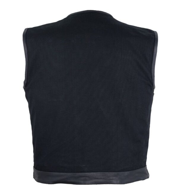 The back view of a Milwaukee Riders Mens Black Denim Leather Trim CCW Vest.