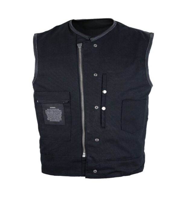 A Mens Black Denim Split Leather Trim Concealed Carry Vest with zippers and pockets.