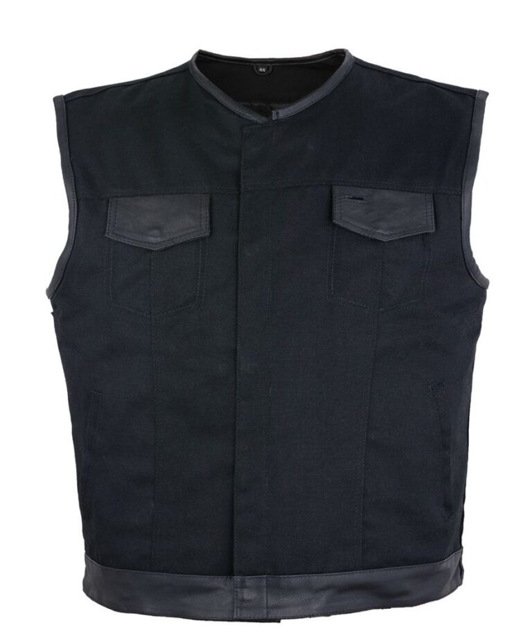 A Milwaukee Riders Mens Black Denim Leather Trim CCW Vest with leather pockets.