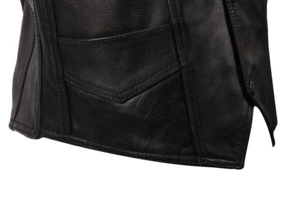 A Mens Black Leather Traditional Western Vest with Gun Pockets for women.