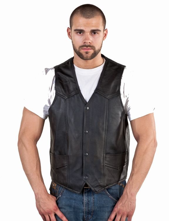 Men Black Leather Traditional Western Vest with Gun Pockets