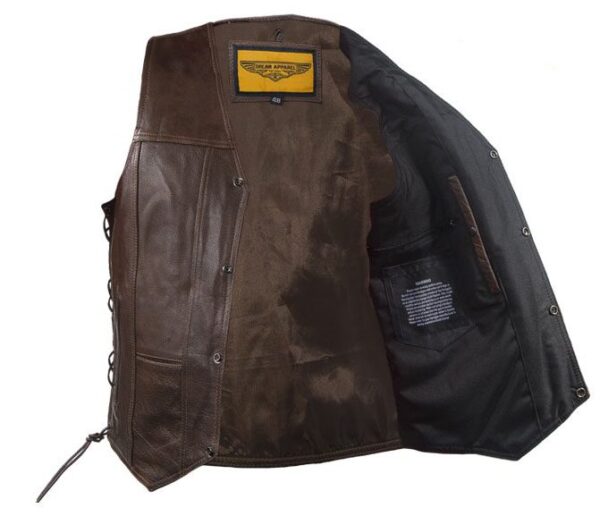 A Mens Gun Pocket Brown Leather Concealed Carry Western Snap Vest with a zippered pocket.