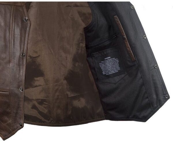 A Men's Gun Pocket Brown Leather Concealed Carry Western Snap Vest with two pockets and a zipper.