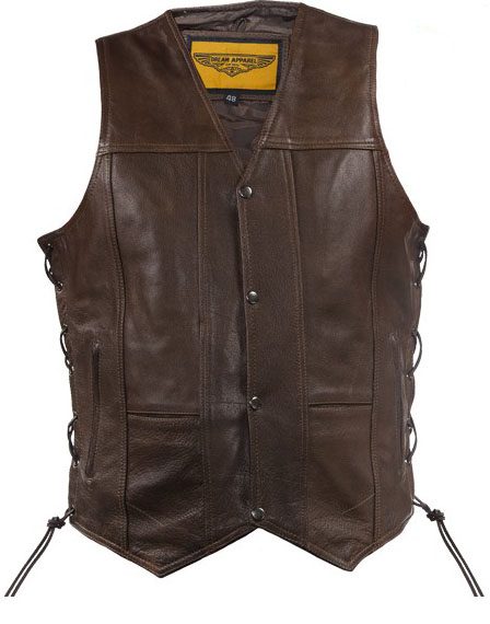 Mens Gun Pocket Brown Leather Concealed Carry Western Snap Vest
