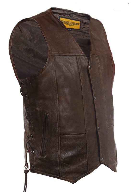 A Mens Gun Pocket Brown Leather Concealed Carry Western Snap Vest.