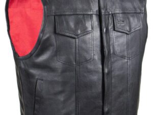 Mens Black Leather Banded Collar Concealed Carry Snap Front Vest