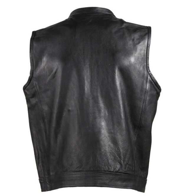 The back view of a Mens Black Leather Banded Collar Concealed Carry Snap Front Vest.