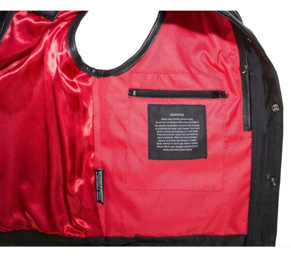 A Mens Black Leather Banded Collar Concealed Carry Snap Front Vest with a pocket on the back.