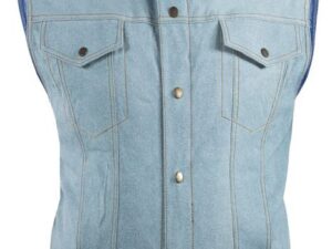 A Mens Snap Front Blue Denim Leather Vest on a white background.