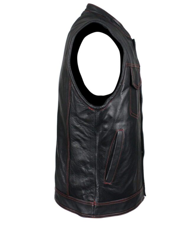 A Mens Cowhide Black Leather Red Stitch CCW Western Vest with red stitching.