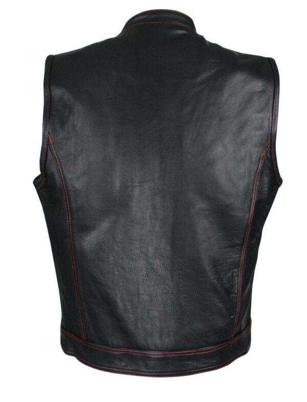 The back view of a Mens Cowhide Black Leather Red Stitch CCW Western Vest.