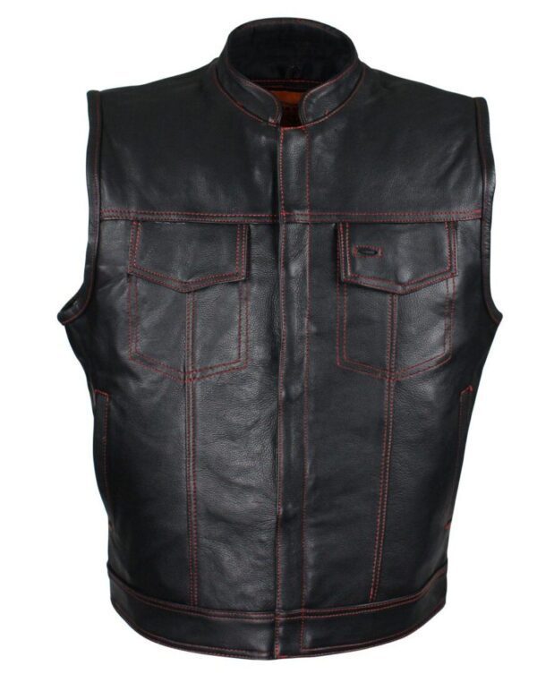 A Mens Cowhide Black Leather Red Stitch CCW Western Vest with red stitching.