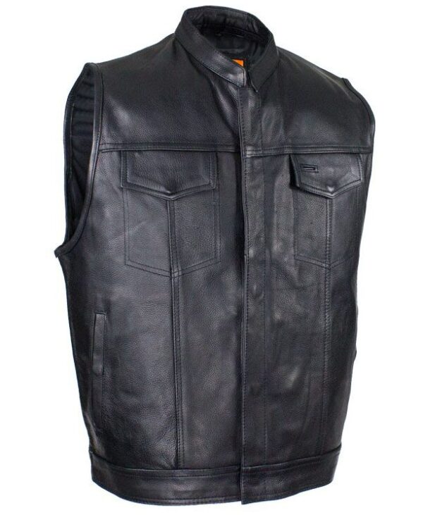 Mens Cowhide Leather Black Zipper vest with Gun Pocket.