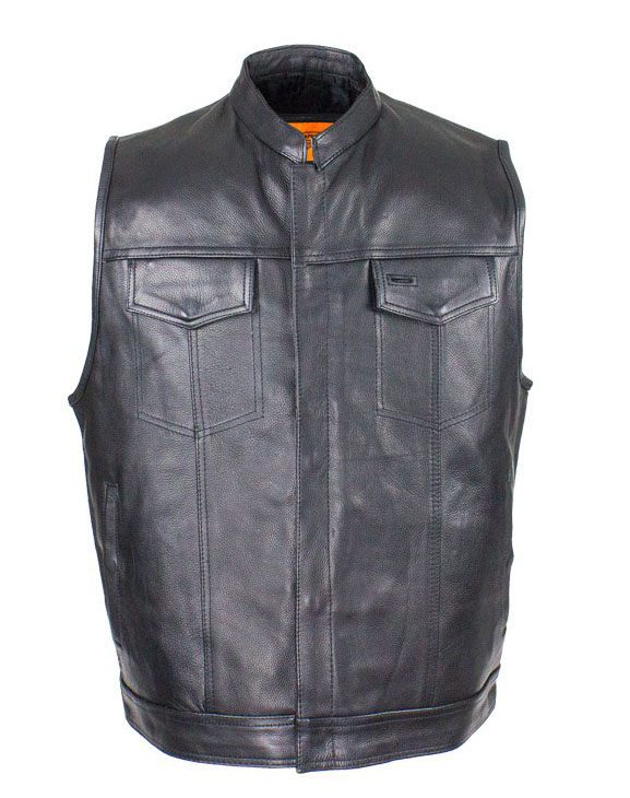 Mens Cowhide Leather Black Zipper vest with Gun Pocket