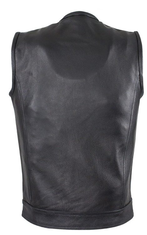 The back view of a Men's 1/2" Collar Black Leather Zip Front Concealed Carry Vest.