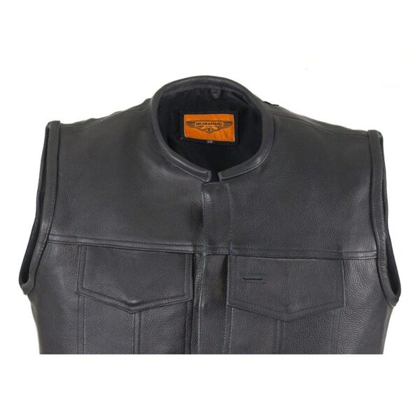 Mens 1/2" Collar Black Leather Zip Front Concealed Carry Vest.