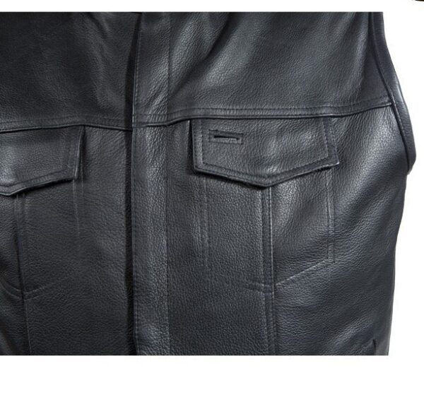 A Mens 1/2" Collar Black Leather Snap Front Concealed Carry Vest.