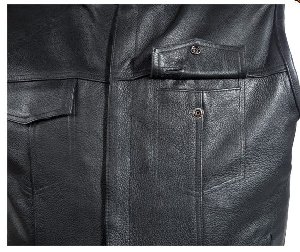 A Mens Black Leather Concealed Carry Zip Front Vest with a pocket on the front.