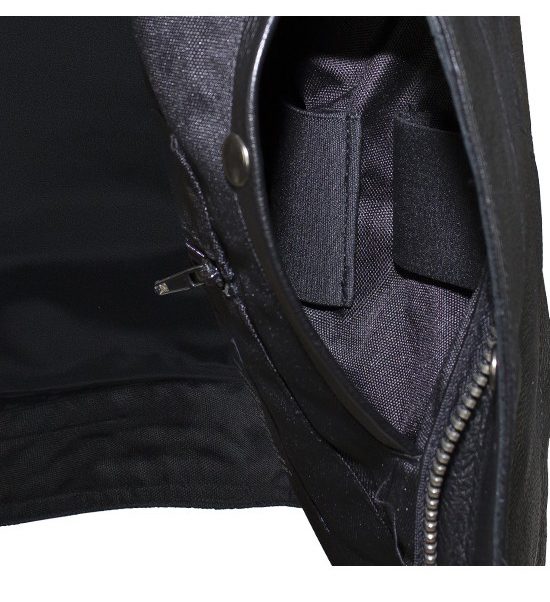A Mens Black Denim Split Leather Trim Concealed Carry Vest with a zippered pocket.
