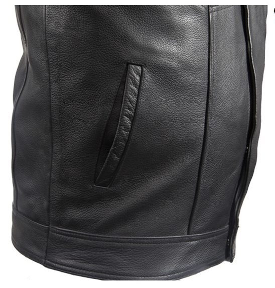 Men's Mens 1/2" Collar Black Leather Zip Front Concealed Carry Vest.
