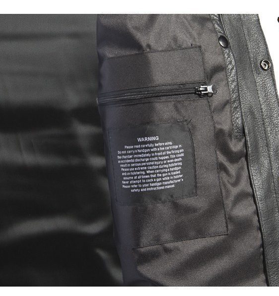The back of a Mens Black Leather Concealed Carry Zip Front Vest with a label on it.