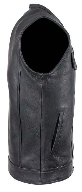 A Mens 1/2" Collar Black Leather Zip Front Concealed Carry Vest with a zipper on the back.