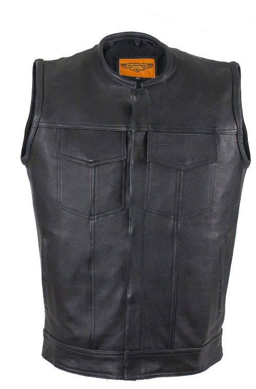 Mens 1/2Inch Collar Black Leather Snap Front Concealed Carry Vest